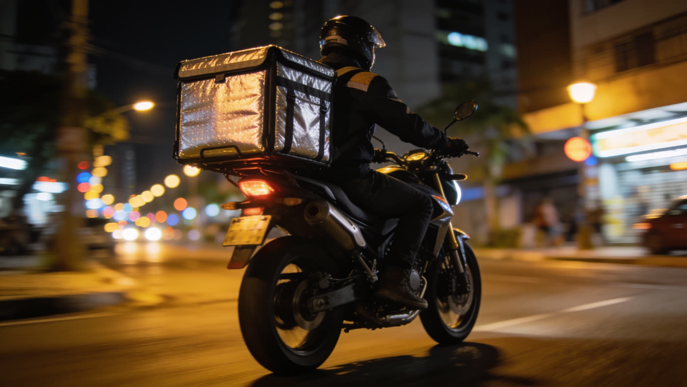 Entregador saindo com o pedido pronto do restaurante, no módulo de Delivery do MGMComanda