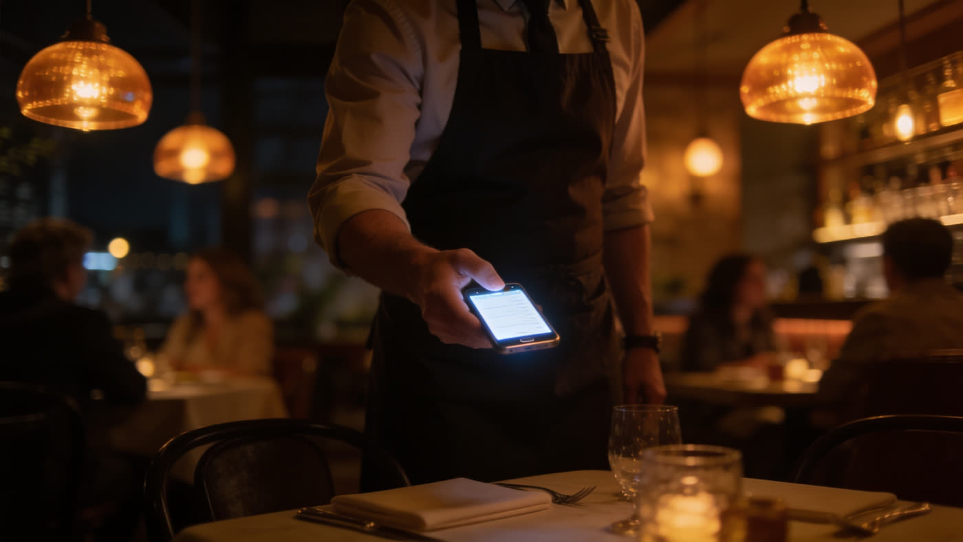 Garçom anotando o pedido na mesa do restaurante, momento em que a comanda nasce
