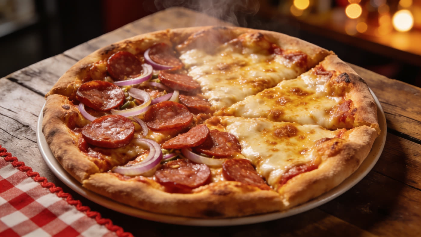 Pizza meio a meio — calabresa e mussarela — sobre a mesa da pizzaria